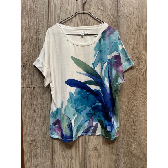 Chico's Tops - Chico's Size 3 XL White Blue Watercolor Floral Slub Knit Short Sleeve Tee Shirt